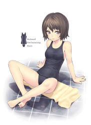 Rule 34 | arm support, barefoot, black one-piece swimsuit, brown eyes, brown hair, feet, k+, one-piece swimsuit, original, school swimsuit, short hair, sitting, solo, swimsuit