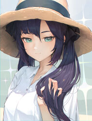Rule 34 | 1girl, absurdres, alaskastomatoez, alternate costume, asymmetrical bangs, black hair, casual, closed mouth, collared shirt, genshin impact, green eyes, hair ribbon, hand in own hair, hand up, hat, highres, light smile, long hair, looking at viewer, mona (genshin impact), ribbon, shirt, sidelocks, solo, sparkle, straw hat, twintails, upper body, white shirt