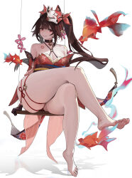 Rule 34 | 1girl, absurdres, bare shoulders, barefoot, bell, black choker, breasts, choker, cleavage, commentary request, detached sleeves, dress, flower tattoo, fox mask, full body, highres, honkai: star rail, honkai (series), i am not a cat, koi, large breasts, long hair, looking at viewer, mask, mask on head, mole, mole under each eye, mole under eye, multiple moles, neck bell, partial commentary, red dress, simple background, sitting, sleeveless, sleeveless dress, smile, soles, solo, sparkle (honkai: star rail), swing set, tattoo, thick thighs, thighs, toes, white background