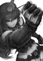 Rule 34 | 10s, 1girl, arm up, belt, brass knuckles, clenched hand, commentary request, elbow gloves, fingerless gloves, from above, gloves, greyscale, headgear, imizu (nitro unknown), kantai collection, long hair, looking up, midriff, monochrome, nagato (kancolle), navel, simple background, solo, textured hair, weapon, white background