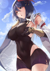 Rule 34 | 1girl, armpit crease, armpits, bike shorts, black gloves, blue hair, breast curtains, breasts, covered navel, cowboy shot, detached sleeves, dutch angle, elbow gloves, genshin impact, gloves, highres, kujou sara, large breasts, leotard, leotard pull, leotard under clothes, looking away, mask, mask on head, open mouth, padoruu, pulling own clothes, short hair, sideboob, sky, solo, steaming body, sweat, tengu mask, thighs, wide sleeves, wiping sweat, yellow eyes