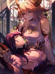 Rule 34 | 2girls, animal ears, bare shoulders, blunt bangs, breasts, cleavage, closed eyes, closed mouth, couple, detached sleeves, dress, earrings, fingernails, flying-frappuccino, fox ears, genshin impact, hair ornament, hand up, highres, indoors, japanese clothes, jewelry, kimono, lap pillow, large breasts, long fingernails, long hair, looking at another, multiple girls, nontraditional miko, obi, open clothes, open kimono, pink hair, pink nails, purple eyes, purple hair, purple kimono, purple sash, raiden shogun, sash, sleeping, smile, straight hair, white dress, yae miko, yuri