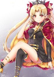 Rule 34 | 1girl, artist name, asymmetrical legwear, asymmetrical sleeves, black dress, black headwear, black nails, black panties, blonde hair, cape, closed mouth, commentary, crossed legs, detached collar, dress, earrings, ereshkigal (fate), fate/grand order, fate (series), fur-trimmed cape, fur trim, gold footwear, gold trim, grey background, hair ribbon, high heels, highres, hood, hooded cape, hoop earrings, infinity symbol, invisible chair, jewelry, light particles, long hair, looking at viewer, multicolored cape, multicolored clothes, nail polish, panties, pantyshot, parted bangs, red cape, red eyes, red ribbon, ribbon, short dress, signature, single sleeve, single thighhigh, sitting, skull, smirk, solo, spine, thighhighs, tiara, two-sided cape, two-sided fabric, two side up, underwear, uneven legwear, uneven sleeves, very long hair, yellow cape, yuito (yuitokobunasbs0)