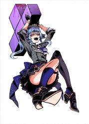Rule 34 | 1girl, :d, absurdres, ass, belt, beret, black gloves, black socks, blood, blue eyes, blue hair, blue socks, bracelet, crown, ga320aaa, gloves, hat, high heels, highres, hololive, hoshimachi suisei, hoshimachi suisei (1st costume), jewelry, kneehighs, looking at viewer, open mouth, side ponytail, simple background, smile, socks, solo, teeth, tetris, thighhighs, tongue, virtual youtuber, white background