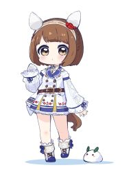 Rule 34 | 1girl, absurdres, animal ears, bad id, bad twitter id, bare shoulders, blue sailor collar, blush, braid, brown eyes, brown hair, brown hairband, chibi, closed mouth, clothing cutout, colored shadow, commentary request, crown braid, dress, full body, gloves, hairband, hand up, highres, horse ears, horse girl, horse tail, long sleeves, looking at viewer, nozo (hitomiz), puffy long sleeves, puffy sleeves, sailor collar, shadow, shoes, short hair, shoulder cutout, simple background, single glove, sleeves past wrists, snow rabbit, solo, standing, standing on one leg, tail, umamusume, white background, white dress, white footwear, white gloves, yukino bijin (umamusume)