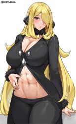 Rule 34 | 1girl, abs, black coat, blonde hair, breasts, cleavage, coat, creatures (company), cromwellb, cynthia (pokemon), fur trim, game freak, grey eyes, hair ornament, hand on own stomach, highres, large breasts, long hair, long sleeves, lowleg, midriff, navel, nintendo, no shirt, open mouth, pants, pokemon, pokemon dppt, sweat, tight clothes, tight pants, very long hair, white background, wide hips