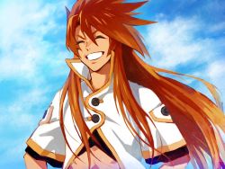 Rule 34 | 1boy, buttons, closed eyes, cloud, commentary, day, grin, hair between eyes, high collar, long hair, luke fon fabre, male focus, mosako, outdoors, red hair, short sleeves, sidelocks, sky, smile, solo, tales of (series), tales of the abyss, upper body
