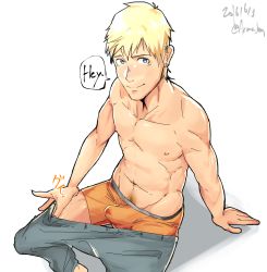 Rule 34 | 1boy, abs, arima (arima bn), blonde hair, bulge, character request, copyright request, erection, erection under clothes, highres, male focus, topless male, sitting, solo, underwear, undressing
