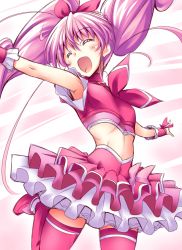 Rule 34 | 10s, 1girl, bow, brooch, choker, cure melody, closed eyes, frills, heart, houjou hibiki, jewelry, jumping, kaneda mitsuko, long hair, magical girl, midriff, open mouth, pink hair, pink thighhighs, precure, ribbon, skirt, smile, solo, suite precure, thighhighs, twintails