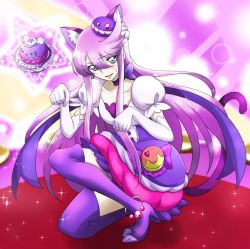 Rule 34 | 10s, 1girl, animal ears, blue eyes, boots, cat ears, cat tail, choker, cosplay, cure macaron, cure macaron (cosplay), cure moonlight, elbow gloves, extra ears, food-themed hair ornament, gloves, hair ornament, heartcatch precure!, kirakira precure a la mode, kneeling, long hair, looking at viewer, precure, purple footwear, purple hair, purple thighhighs, smile, solo, tail, thigh boots, thighhighs, tsukikage oyama, tsukikage yuri, white gloves