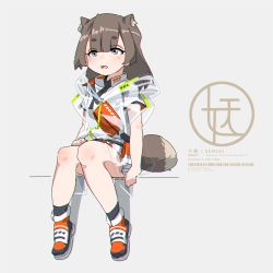 Rule 34 | 1girl, animal ear fluff, animal ears, black socks, blush, brown hair, commentary request, english text, full body, grey background, grey eyes, highres, hood, hood down, hooded jacket, jacket, kuro kosyou, long hair, looking at viewer, orange footwear, original, parted lips, pleated skirt, see-through, shirt, shoes, short eyebrows, short sleeves, simple background, sitting, skirt, socks, solo, tail, thick eyebrows, white shirt, white skirt