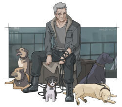 Rule 34 | 1boy, 5others, 621 (armored core 6), absurdres, animal collar, animalization, armored core, armored core 6, boots, collar, crate, dog, ears down, grey hair, handler walter, handler walter (armored core 6), highres, holding, holding leash, jacket, leash, multiple others, open clothes, open jacket, puppy, scar, scar across eye, scar on face, zen (jirakun)