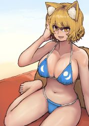 Rule 34 | 1girl, :d, absurdres, animal ear fluff, animal ears, bare arms, bare legs, bare shoulders, barefoot, beach towel, bikini, blonde hair, blue bikini, breasts, chanta (ayatakaoisii), fox ears, fox tail, hand in own hair, hand up, highres, huge breasts, looking at viewer, navel, open mouth, short hair, sitting, slit pupils, smile, solo, swimsuit, tail, touhou, towel, wariza, yakumo ran, yellow eyes