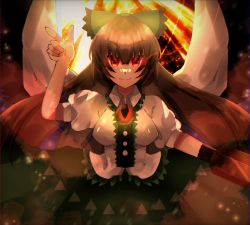 Rule 34 | 1girl, arm cannon, bird wings, black wings, blouse, bow, breasts, brown hair, buttons, cape, center frills, closed mouth, commentary request, control rod, frilled bow, frills, glowing, glowing eyes, green bow, green skirt, hair bow, happy, highres, long hair, medium breasts, pointing, puffy short sleeves, puffy sleeves, red eyes, reiuji utsuho, shirt, short sleeves, skirt, smile, third eye, touhou, v-shaped eyebrows, very long hair, weapon, white shirt, wings, yuuki (yuk)