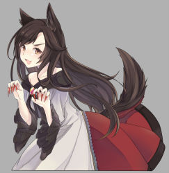 Rule 34 | 1girl, animal ears, bad id, bad pixiv id, brooch, brown hair, dress, fang, fingernails, grey background, hagihara asami, imaizumi kagerou, jewelry, long fingernails, long hair, long sleeves, looking at viewer, open mouth, simple background, smile, solo, tail, touhou, wolf ears, wolf tail, yellow eyes