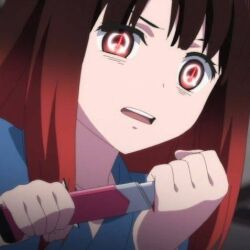 anime_screenshot black_eyes black_hair cutter holding holding_weapon long_hair mahou_shoujo_site red_eyes red_hair weapon white_eyes