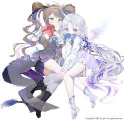 Rule 34 | 2girls, antlers, ass, black dress, black footwear, blue eyes, blue hair, blue shorts, blush, boots, box, brown hair, chobi (penguin paradise), closed mouth, copyright request, covered mouth, dress, feathered wings, gift, gift box, grey footwear, grey hair, heart-shaped box, highres, holding, holding gift, horns, long hair, long sleeves, looking at viewer, multicolored hair, multiple girls, pink hair, puffy long sleeves, puffy sleeves, purple eyes, see-through, short shorts, shorts, simple background, single horn, sleeves past wrists, streaked hair, tail, thighhighs, twintails, unicorn girl, very long hair, white background, white dress, white thighhighs, white wings, wings