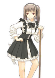 Rule 34 | 1girl, black bow, black bowtie, bow, bowtie, brown hair, clothes writing, contrapposto, corset, dasoku sentarou, frills, hand on own hip, headphones, holding, long hair, long sleeves, looking at viewer, maid, maid headdress, original, sidelocks, simple background, solo, standing, stick, white background