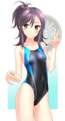 Rule 34 | 1girl, absurdres, badge, black one-piece swimsuit, blue background, breasts, collarbone, commentary request, competition swimsuit, contrapposto, covered navel, cowboy shot, earrings, gradient background, green eyes, high school fleet, highres, hoop earrings, jewelry, katsuta satoko, long hair, looking at viewer, one-piece swimsuit, ponytail, purple hair, small breasts, solo, standing, striped clothes, striped one-piece swimsuit, swimsuit, takafumi, topknot, v, white background