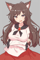 Rule 34 | 1girl, animal ear fluff, animal ears, blouse, blush, breasts, brooch, crossed arms, dress, highres, imaizumi kagerou, jewelry, large breasts, long hair, long sleeves, looking at viewer, red eyes, red skirt, shirt, shone, simple background, sketch, skirt, solo, touhou, white shirt, wolf ears
