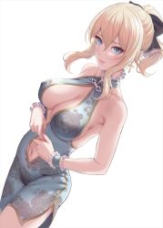 Rule 34 | 1girl, bare shoulders, blonde hair, blue eyes, blush, bow, breasts, cleavage, cross, cross earrings, dress, earrings, edogawa roman, floral print, genshin impact, grey dress, hair bow, jean (genshin impact), jewelry, large breasts, long hair, looking at viewer, navel, ponytail, side slit, sidelocks, smile, solo, white background