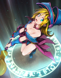 Rule 34 | 1girl, bare shoulders, blonde hair, blue footwear, blush stickers, boots, breasts, choker, cleavage, dark magician girl, duel monster, glowing, green eyes, hat, highres, large breasts, long hair, magic circle, nanjin, open mouth, pentacle, solo, staff, wizard hat, yu-gi-oh!, yuu-gi-ou, yu-gi-oh! duel monsters
