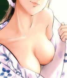 Rule 34 | 1girl, areola slip, bad id, bad pixiv id, bare shoulders, breast focus, breasts, brown hair, collarbone, downblouse, floral print, head out of frame, japanese clothes, kimono, light smile, lips, looking at viewer, medium breasts, mmelica, no bra, off shoulder, open clothes, original, outside border, ponytail, sketch, solo, upper body, yukata