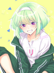 Rule 34 | 1boy, alternate costume, blush, clothes writing, colored eyelashes, green hair, green jacket, green pants, green track suit, grin, headband, highres, jacket, kisekisaki, knees up, lio fotia, looking at viewer, male focus, open clothes, open jacket, outstretched arms, pants, pants rolled up, promare, purple eyes, shirt, short hair, sidelocks, signature, sitting, smile, solo, trap, v arms, white headband, white shirt, yellow background