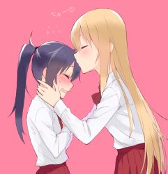 Rule 34 | 2girls, black hair, blonde hair, blush, closed eyes, commentary request, doma umaru, flying sweatdrops, from side, hands on another&#039;s cheeks, hands on another&#039;s face, height difference, hijiki (hijikini), himouto! umaru-chan, kiss, kissing forehead, long hair, motoba kirie, multiple girls, open mouth, pink background, ponytail, red skirt, school uniform, simple background, skirt, sweatdrop, very long hair, wavy mouth