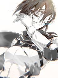 Rule 34 | 1girl, absurdres, blood, blood on face, breasts, cape, elbow pads, greyscale, hair between eyes, hand over face, harness, highres, long sleeves, looking at viewer, medium breasts, mikasa ackerman, monochrome, parted lips, shingeki no kyojin, shirt, short hair, solo, taso (harutsukimikan), upper body, white background, white shirt