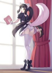 Rule 34 | :o, animal ears, ass, black bow, black footwear, black hair, blunt bangs, borrowed character, bow, brown eyes, cleaning, cloth, commission, cristalavi, curtains, full body, garter straps, high heels, highres, indoors, long hair, looking back, maid, pale skin, panties, ponytail, solo, standing, tail, thighhighs, underwear, very long hair, white panties, white thighhighs, window, wrist cuffs