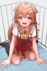 Rule 34 | 1girl, :d, all fours, animal ears, black footwear, bone hair ornament, bow, bowtie, brown eyes, brown hair, cage, center frills, dog ears, dog girl, dog tail, fangs, frilled skirt, frills, hair between eyes, hair down, hair ornament, hairclip, high-waist skirt, highres, hololive, inugami korone, inugami korone (street), kelly 0w0, light blush, long hair, looking at viewer, open mouth, red skirt, shirt, short sleeves, sitting, skirt, smile, socks, solo, tail, virtual youtuber, wariza, white shirt, yellow bow, yellow bowtie