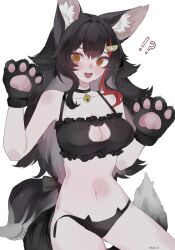 Rule 34 | !?, 1girl, :d, @ @, alternate costume, animal ear fluff, animal ears, animal hands, bell, black bra, black choker, black hair, black panties, bra, breasts, cat cutout, cat ear panties, cat lingerie, choker, cleavage, cleavage cutout, clothing cutout, double-parted bangs, fang, flipped hair, frilled bra, frills, gloves, gluteal fold, hair between eyes, hair ornament, hairclip, hands up, hashtag-only commentary, highres, hololive, jingle bell, long hair, looking at viewer, low-tied long hair, meme attire, mofumin, multicolored hair, navel, neck bell, ookami mio, open mouth, panties, paw gloves, red hair, side-tie panties, sidelocks, simple background, skin fang, smile, solo, spiked hair, stomach, streaked hair, sweatdrop, tail, underwear, underwear only, untied panties, very long hair, virtual youtuber, white background, white hair, wolf ears, wolf girl, wolf tail, yellow eyes