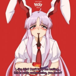 Rule 34 | 1990s (style), 1girl, ahoge, animal ears, blush, box, breasts, buck teeth, collared shirt, commentary, dated, english commentary, english text, food in mouth, highres, holding, holding box, incoming pocky kiss, long hair, looking at viewer, medium bangs, medium breasts, necktie, nose blush, open mouth, pink hair, pocky, pocky day, pocky in mouth, puffy short sleeves, puffy sleeves, rabbit ears, rabbit girl, red background, red necktie, reisen udongein inaba, retro artstyle, shirt, short sleeves, simple background, step arts, subtitled, teeth, touhou, upper body, upper teeth only, very long hair, white shirt