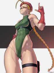 Rule 34 | 1girl, abs, bare shoulders, blonde hair, braid, breasts, cammy white, covered erect nipples, curvy, fingerless gloves, gloves, gluteal fold, green leotard, hat, highleg, highleg leotard, highres, leotard, long hair, medium breasts, shiny skin, sleeveless, solo, stopu, street fighter, thong leotard, twin braids, wide hips