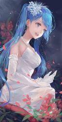 Rule 34 | 1girl, :d, absurdres, blue eyes, blue hair, breasts, collarbone, dress, dutch angle, elbow gloves, floating hair, flower, from side, gloves, hair ornament, hand on own knee, hatsune miku, highres, jewelry, long dress, long hair, medium breasts, necklace, open mouth, r/h, red flower, sitting, sleeveless, sleeveless dress, smile, solo, strapless, strapless dress, swept bangs, twintails, very long hair, vocaloid, white dress, white gloves