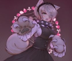 Rule 34 | 1girl, :o, animal ears, animal hands, artist name, black collar, black dress, blush, breasts, c01a (cola), claws, collar, commentary, cowboy shot, danganronpa (series), danganronpa v3: killing harmony, dress, eyes visible through hair, fang, food print, gloves, green eyes, hair over one eye, highres, large breasts, long sleeves, looking at viewer, one eye closed, open mouth, oversized object, purple hair, short hair, skirt, solo, sparkle, spider web print, spiked collar, spikes, strawberry print, tail, tojo kirumi, wolf ears, wolf girl, wolf tail