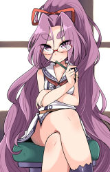 Rule 34 | 10s, 1girl, amagaeru (hylathewet), bespectacled, blush, crossed arms, crossed legs, eyebrows, glasses, hair ribbon, hatsuharu (kancolle), highres, hikimayu, kantai collection, long hair, looking at viewer, pencil, ponytail, purple eyes, purple hair, ribbon, simple background, sitting, smile, solo, striped, striped background, very long hair