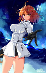 Rule 34 | 1girl, ahoge, breasts, cowboy shot, fate/grand order, fate (series), foreshortening, fujimaru ritsuka (female), fujimaru ritsuka (female) (decisive battle chaldea uniform), highres, looking at viewer, looking back, lostbelt op2 uniform, medium breasts, official alternate costume, orange eyes, orange hair, outstretched arm, outstretched hand, ruri rarako, short hair, smile, solo