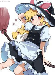 Rule 34 | 1girl, apron, arm up, black skirt, black vest, blonde hair, blush, breasts, broom, broom riding, feet out of frame, highres, kirisame marisa, light smile, long hair, looking at viewer, ramudia (lamyun), red eyes, simple background, skirt, small breasts, solo, star (symbol), touhou, unfinished dream of all living ghost, vest, waist apron, white background