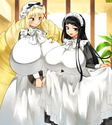 Rule 34 | 2girls, black hair, blonde hair, blush, breasts, copyright request, drill hair, gigantic breasts, hair ornament, long hair, looking at viewer, maid, maid headdress, multiple girls, open mouth, smile, sudachi (omc), very long hair
