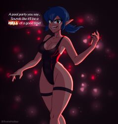 Rule 34 | 1girl, absurdres, black nails, black one-piece swimsuit, blue hair, breasts, cleavage, commentary, english commentary, english text, evil smile, fangs, groin, highleg, highleg swimsuit, highres, large breasts, one-piece swimsuit, open mouth, original, pointy ears, ponytail, red eyes, smile, solo, susie hatter, swimsuit, thigh strap, triangle