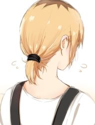Rule 34 | 1girl, blonde hair, brown hair, commentary request, flying sweatdrops, from behind, hair tie, miyamori aoi, multicolored hair, nape, roots (hair), shirobako, shirt, short ponytail, solo, suspenders, tahita1874, upper body, white shirt