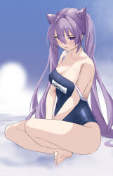 Rule 34 | 1girl, bare legs, bare shoulders, barefoot, blue one-piece swimsuit, candy shunya, clothes writing, commentary request, cone hair bun, genshin impact, hair bun, highres, keqing (genshin impact), long hair, looking at viewer, one-piece swimsuit, purple eyes, purple hair, sitting, solo, strap slip, swimsuit, thighs, twintails, very long hair