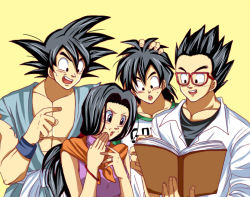 Rule 34 | &gt;:), &gt;:d, 1girl, 3boys, :d, agehay, bespectacled, black eyes, black hair, book, chi-chi (dragon ball), chiroru shimai, clothes writing, dragon ball, dragonball z, glasses, hand on head, long hair, multiple boys, muscular, open mouth, red-framed eyewear, siblings, simple background, smile, son gohan, son goku, son goten, spiked hair, teeth, v-shaped eyebrows, wristband