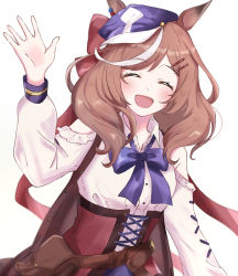 Rule 34 | 1girl, :d, ^ ^, animal ears, arm up, bare shoulders, blue bow, blue hat, blush, bow, breasts, brown hair, cabbie hat, closed eyes, clothing cutout, collared shirt, commentary request, ear piercing, ears through headwear, facing viewer, ha (hura76752775), hair bow, hair ornament, hairclip, hat, horse ears, long hair, long sleeves, looking at viewer, matikane tannhauser (umamusume), multicolored hair, open mouth, piercing, puffy long sleeves, puffy sleeves, red bow, shirt, shoulder cutout, small breasts, smile, solo, streaked hair, umamusume, white hair, white shirt