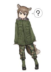 Rule 34 | 1girl, :&lt;, absurdres, animal ears, boots, brown eyes, brown hair, fox ears, fox girl, fox girl (yihan1949), fox tail, highres, looking at viewer, military uniform, original, question mark, simple background, solo, standing, tail, uniform, white background, yihan1949