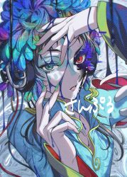 Rule 34 | 1other, androgynous, black hair, blue eyes, blue hair, corruption, dark persona, facepaint, facial mark, feathers, gnosia, green eyes, green hair, headphones, heterochromia, long hair, long sleeves, looking at viewer, other focus, raqio, solo, tuze111, upper body