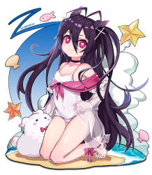 Rule 34 | 1girl, absurdres, antenna hair, azur lane, bare shoulders, black choker, black hair, breasts, chinese commentary, choker, cleavage, collarbone, commentary request, cross hair ornament, dated, hair between eyes, hair ornament, highres, i-168 (azur lane), kneeling, long bangs, long hair, looking at viewer, mu shanmu san, navel, one-piece swimsuit, red eyes, see-through, see-through sleeves, sidelocks, sitting, small breasts, smile, solo, star-shaped pupils, star (symbol), stuffed animal, stuffed toy, swimsuit, symbol-shaped pupils, two side up, very long hair, white one-piece swimsuit
