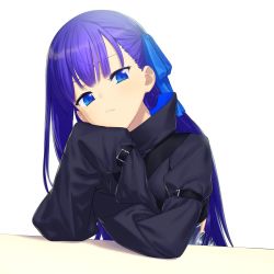 Rule 34 | 10s, 1girl, belt, blue eyes, blue ribbon, fate/extra, fate/extra ccc, fate (series), hand on own chin, head rest, highres, ikezawa shin, long hair, meltryllis (fate), purple hair, ribbon, simple background, sleeves past wrists, solo, table, white background